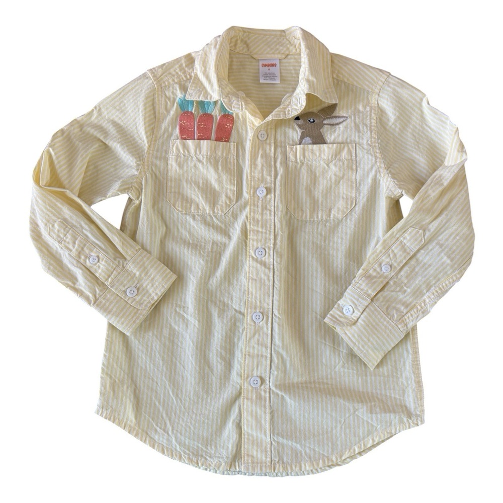 Gymboree Boys Shirt Size 6 Yellow Striped Embroidered Bunny Carrot Button Up